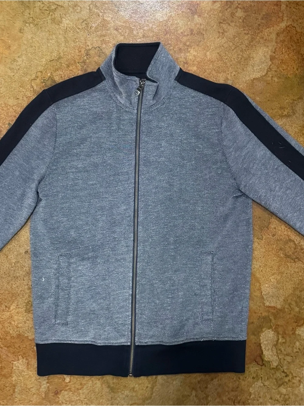 Banana Republic Men's Navy and White Zip-Front Sweater with White Accents